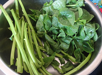 basale or malabar spinach leaves for avarekalu basale soppu sambar