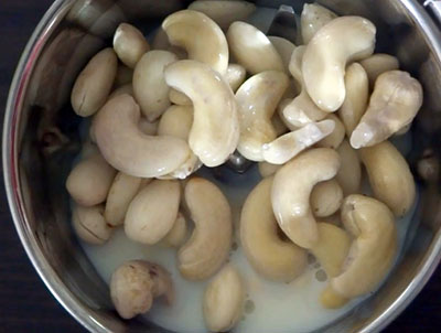 almonds and cashews with milk for badam burfi or badam katli
