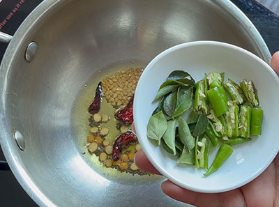 green chilli and curry leaves for bale dindina palya or banana stem stir fry recipe