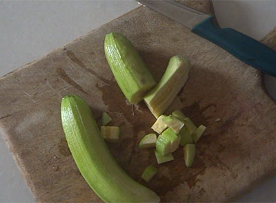 chopped raw banana for balekai palya or raw banana stir fry recipe