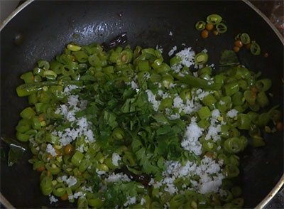 coconut and coriander leaves for beans palya or stir fry