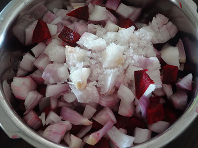 chopped beetroot and onions for beetroot sambar