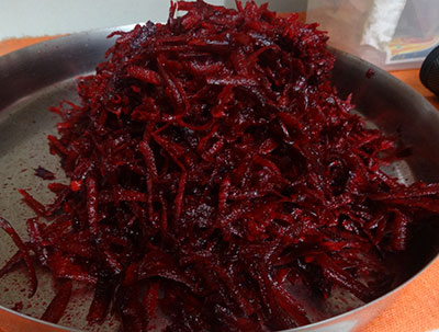 grated beetroot for beetroot mudde huli or beetroot sambar