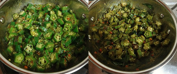 cooking ladies finger for bendekayi palya or bhindi fry