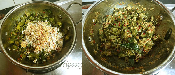 adding ground masala for bendekayi palya or bhindi fry