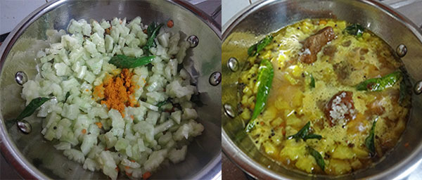 frying and cooking bitter gourd for hagalakayi gojju