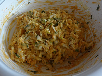 mixing dough for cabbage pakoda or kosu vade