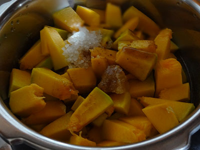 cooking pumpkin for pumpkin sambar or chinikayi sambar