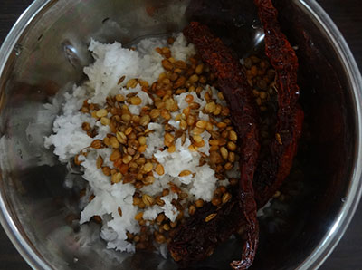 grinding masala for pumpkin sambar or chinikayi sambar