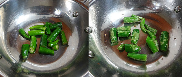 fry green chilis for coriander leaves chutney