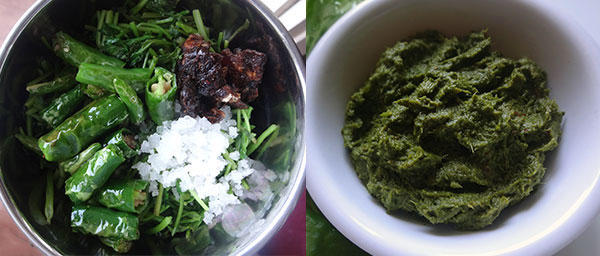 grinding chili and leaves for coriander leaves chutney