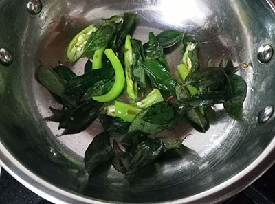 fry curry leaves for chutney for idli or dosa