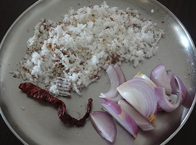 onion, coconut and red chili for eerulli thambli or onion tambli