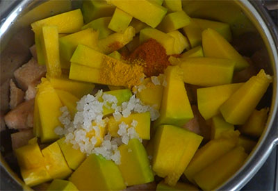 cooking vegetables for erissery or pumpkin curry