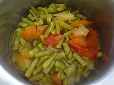 cooked vegetables for gorikayi kara or cluster beans curry