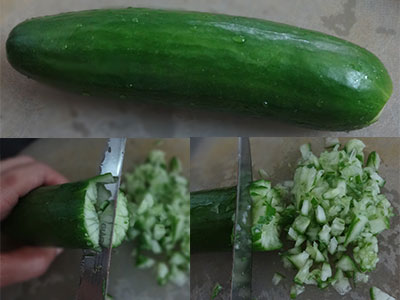 chopping cucumber for mung dal or hesaru bele payasa