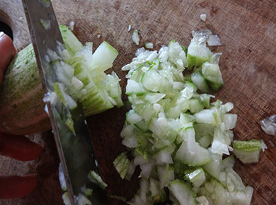 finely chop the cucumber for kadlebele and southekai kosambari