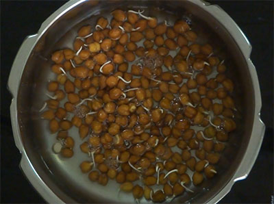 cooking gram sprouts for kadlekalu saru or kadle kaalu sambar
