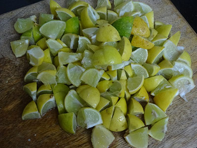 chopped lemon for lemon pickle or nimbe hannu uppinakayi