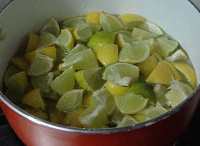 lemon in salt water for lemon pickle or nimbe hannu uppinakayi