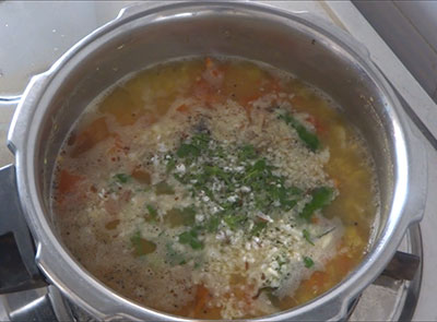 coriander leaves and coconut nimbe hannu saaru or lemon rasam