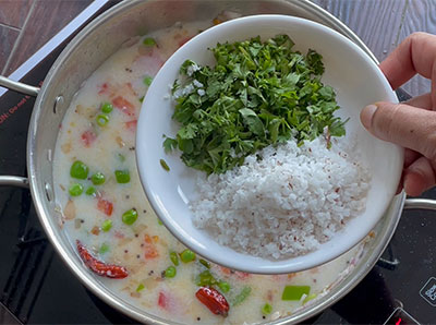 coconut and coriander leaves for majjige uppittu or buttermilk upma