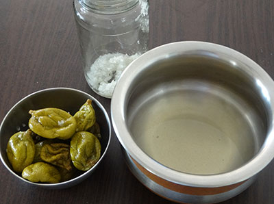 separate salt water for tender mango pickle or mavina midi uppinakayi