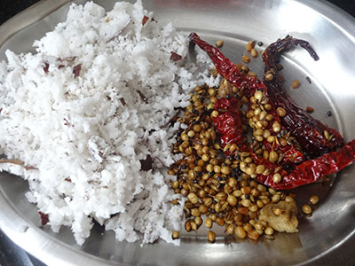 roasted ingredients and coconut for mixed greens sambar or soppina huli saaru