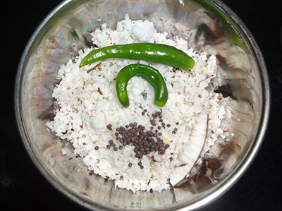 coconut, mustard and green chili for shavige chitranna or oggarane