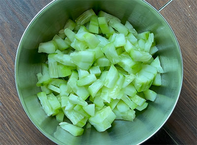 chopped cucumber for southekai kosambari or cucumber salad