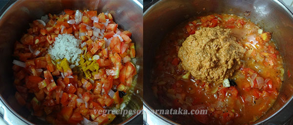 adding masala for tomato bath or tomato rice