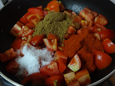 spice powder, red chili powder and salt for tomato pickle or tomato uppinakayi
