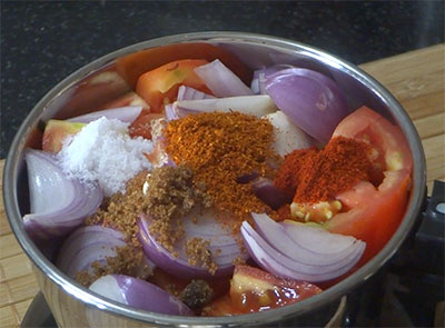 rasam powder, red chilli powder, salt and jaggery for tomato onion chutney or red chutney