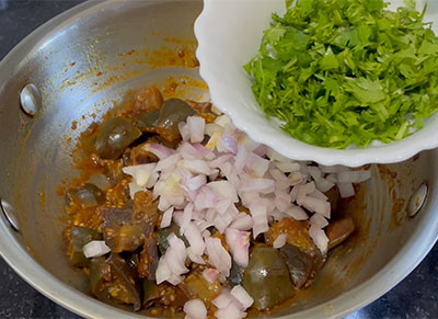 onion and coriander leaves badanekayi gojju or brinjal curry recipe
