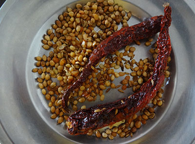 fried spices for beans sambar recipe or huralikayi huli