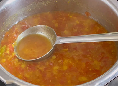 mashed dal and tomato for dideer bele saaru or simple dal rasam