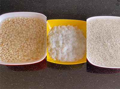 soaking rice, urad dal and fenugreek for soft idli using dosa rice or ration akki