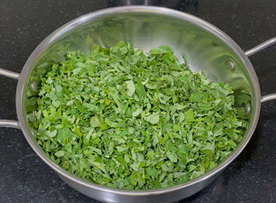 chopped methi leaves for menthe soppu dose or methi leaves dosa