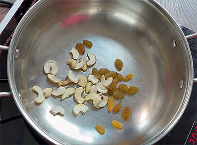 frying cashews and raisins for tavare beeja payasa or makhana kheer